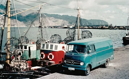 Με αισθητικά στοιχεία από τη θρυλική 300 SL «Gullwing», το πρώτο van της Mercedes-Benz. Στη φωτό, το L 319 D σε έκδοση panel van, στη Σάντα Κρουζ  των ΗΠΑ από τη δεκαετία του 1950.