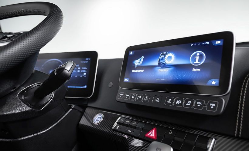 Το προηγμένο multimedia cockpit στο νέο Actros, με τις οθόνες υψηλής ευκρίνειας, προσφέρει ένα μοναδικό επίπεδο λειτουργικότητας και άνεσης χρήσης, και αναπτύχθηκε με το λογισμικό Kanzi UI της Rightware.