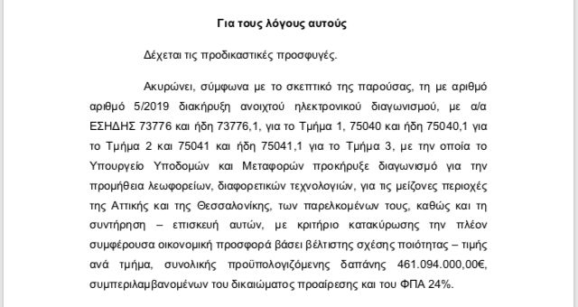Απόσπασμα από την απόφαση της Αρχής Εξέτασης Προδικαστικών Προσφυγών, με την οποία ακυρώθηκε ο προηγούμενος διαγωνισμός που είχε προκηρύξει η κυβέρνηση ΣΥΡΙΖΑ.
